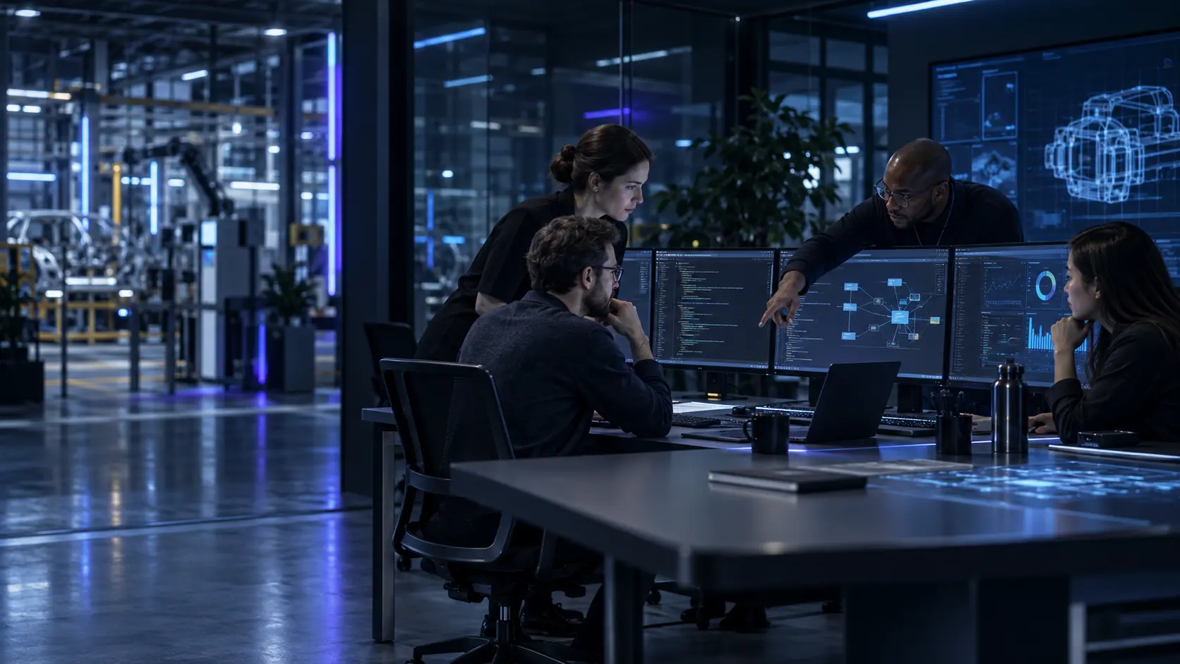 Equipo senior de software revisando arquitectura, código y pruebas automatizadas en un entorno industrial
